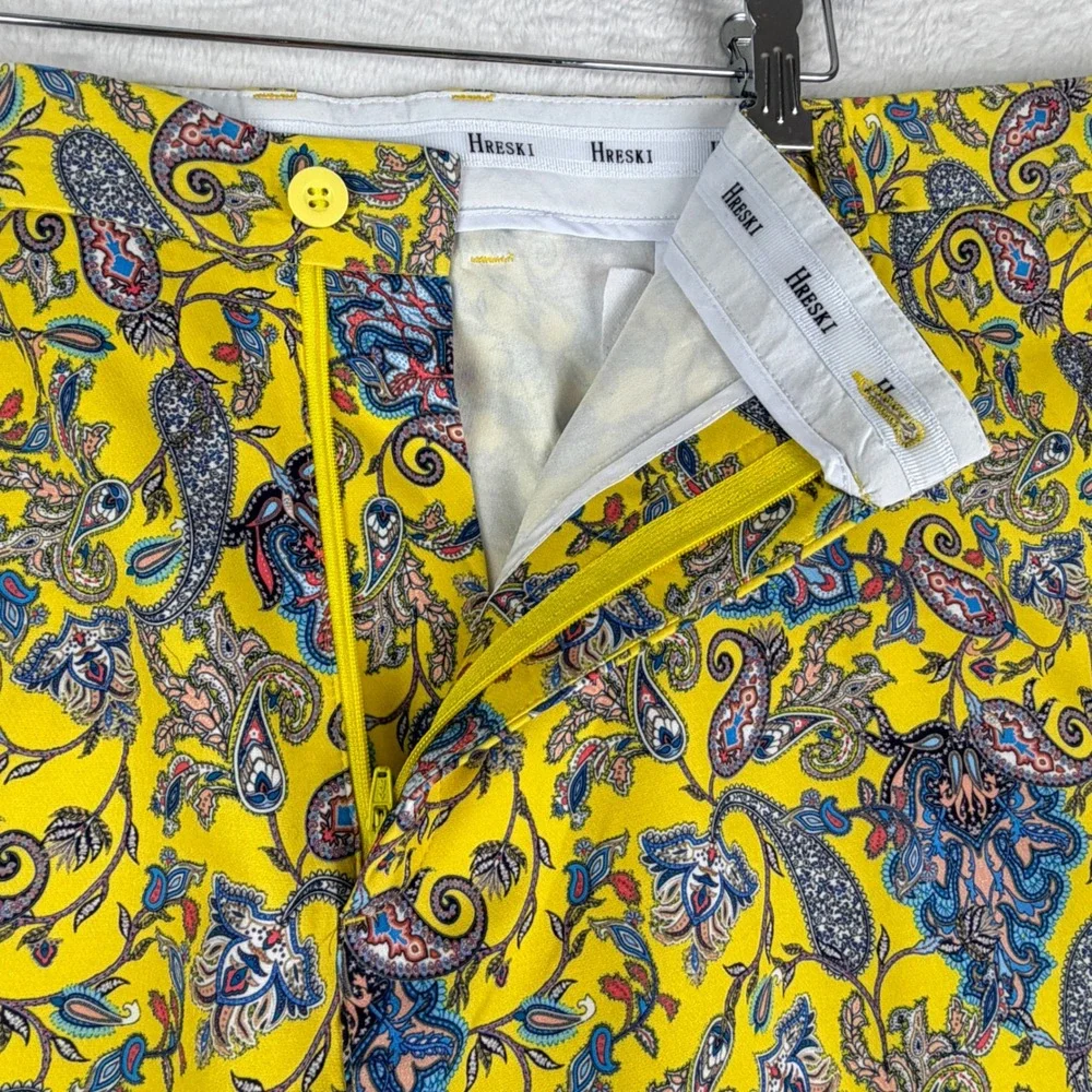 Hreski Golf Shorts Mens 44 Yellow Paisley Performance Stretch Flat Front